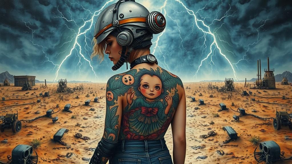 Cyberpunk Woman in Wasteland with Gothic Tattoo