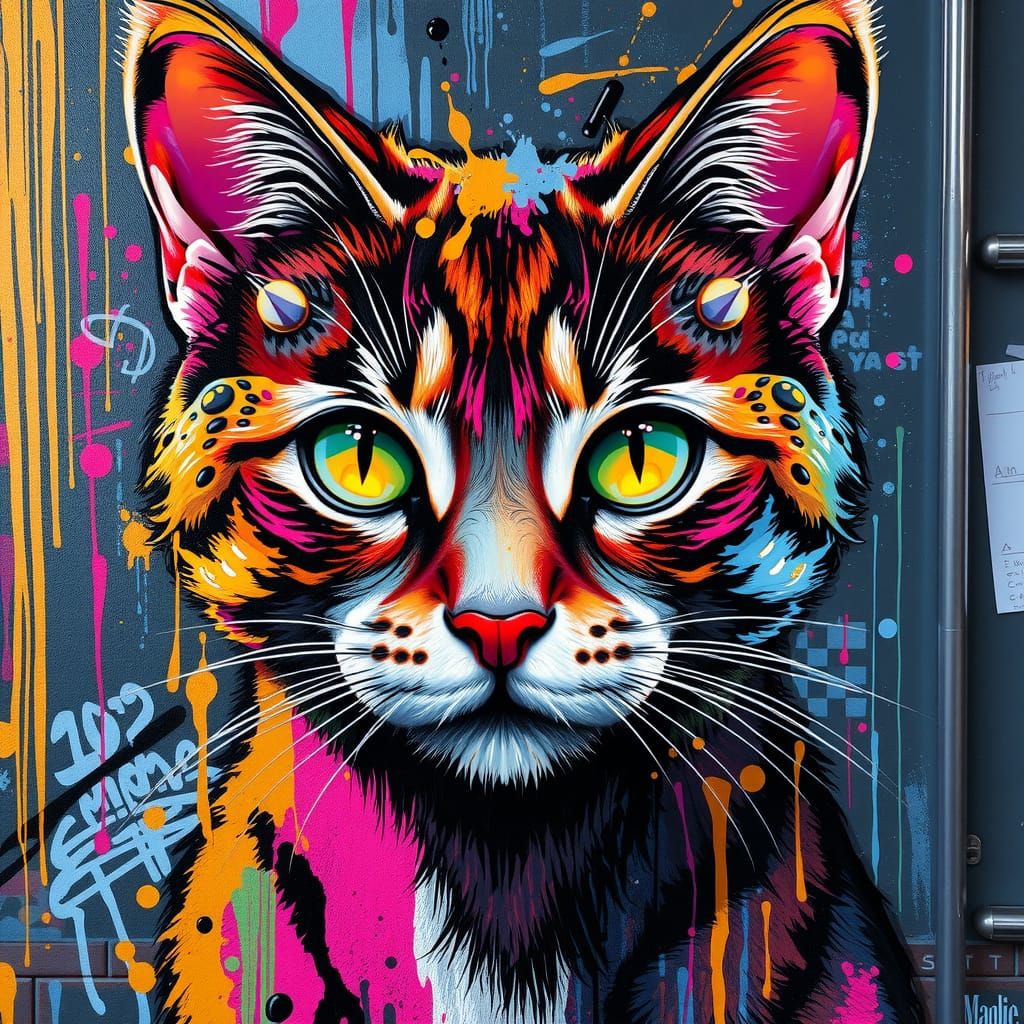 Colorful Cat Graffiti Art in Synthwave Style