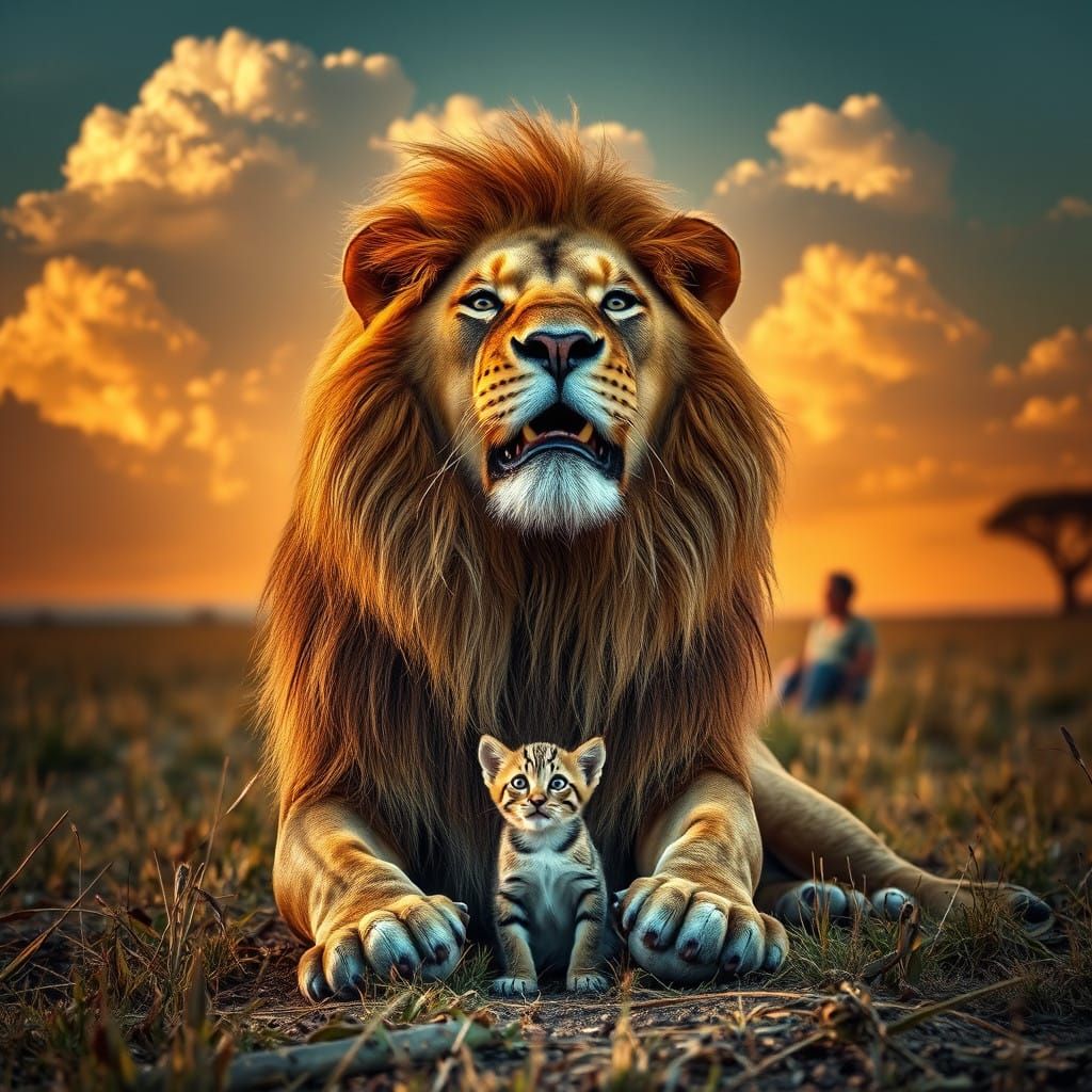 Majestic Lion and Curious Kitten in Golden Hour Savannah