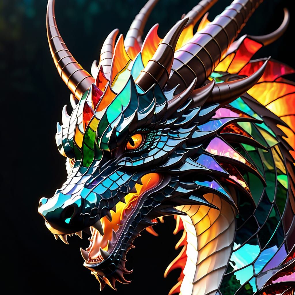Dragon's Shimmering Glass Form Breathes Fire in Vibrant Stai...