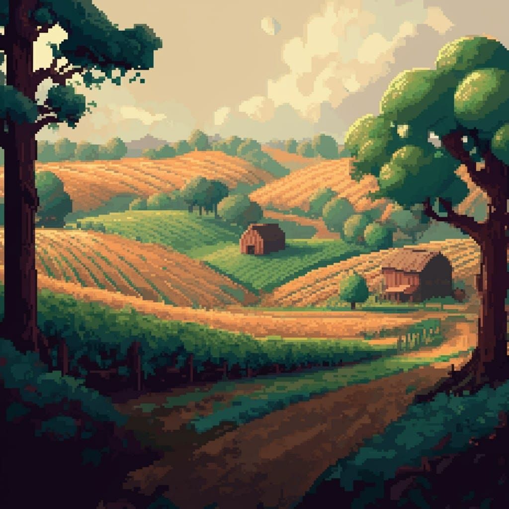 Pixel Art Farmland Landscape in 8-Bit Style