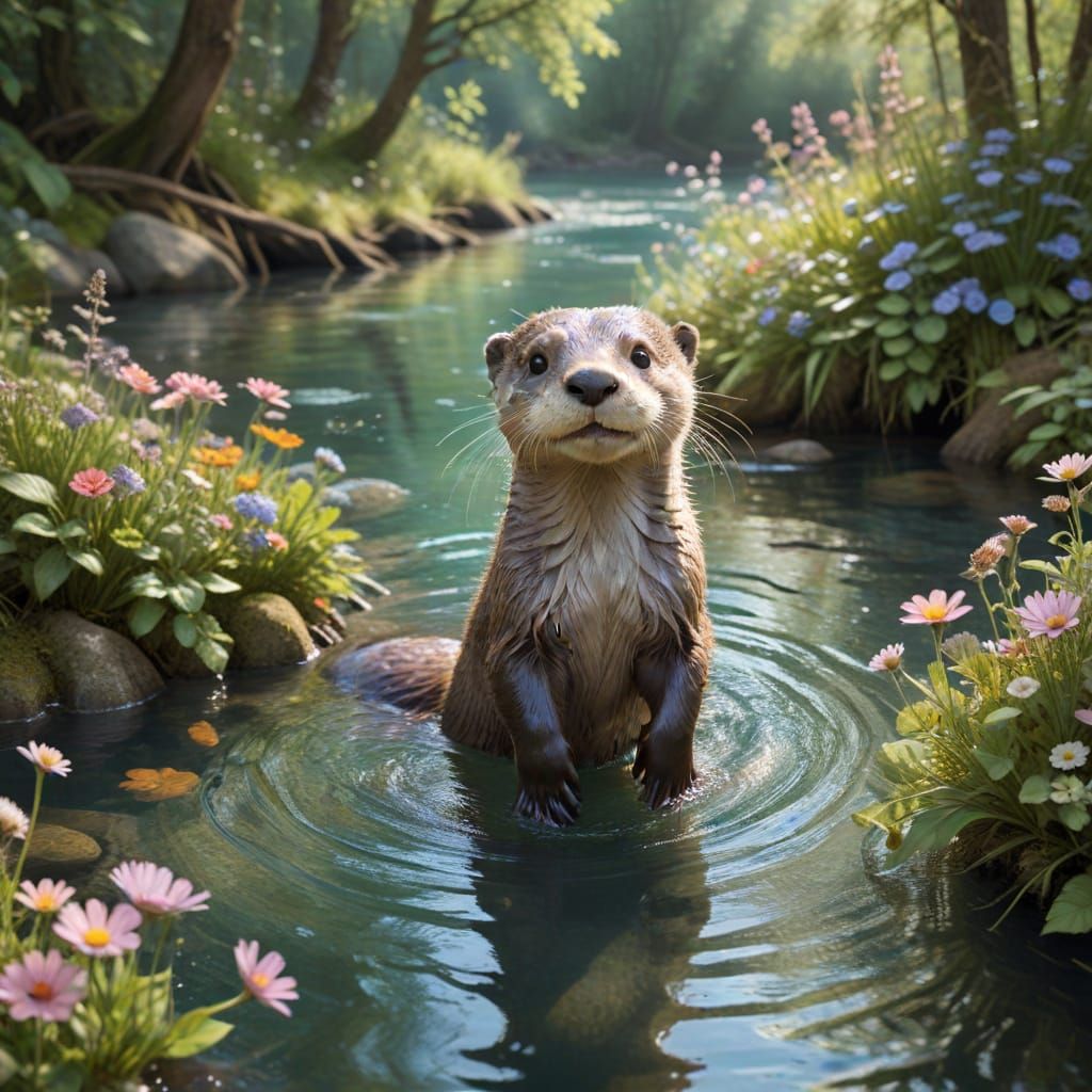 Whimsical Otter in Enchanted River Landscape