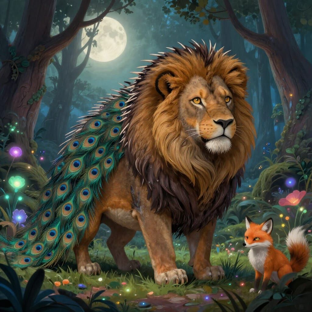 Fantastical Chimera: Hedgehog, Peacock, Lion, Fox Hybrid