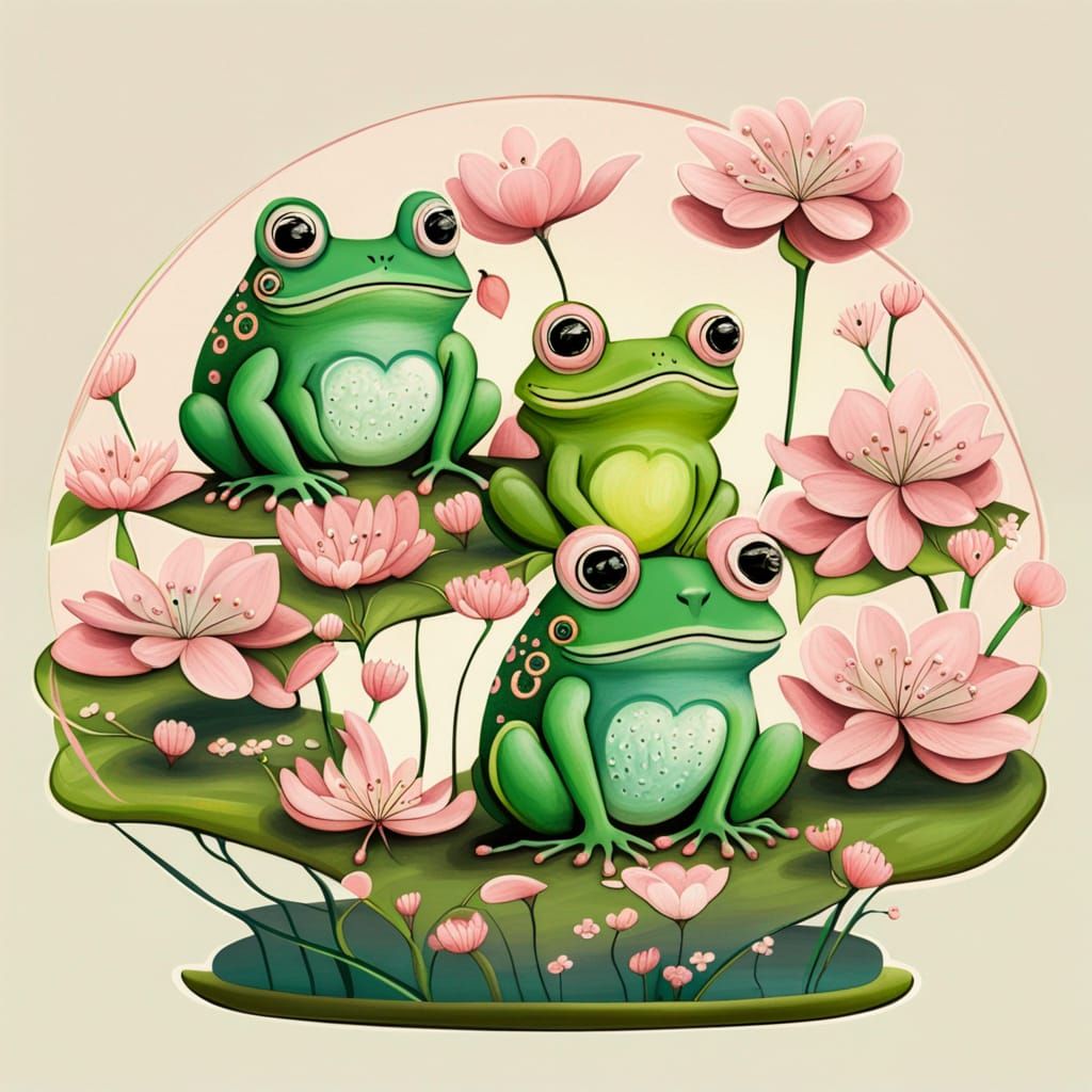 cherry blossom tree garden filled with whimsical frogs on lily pads
