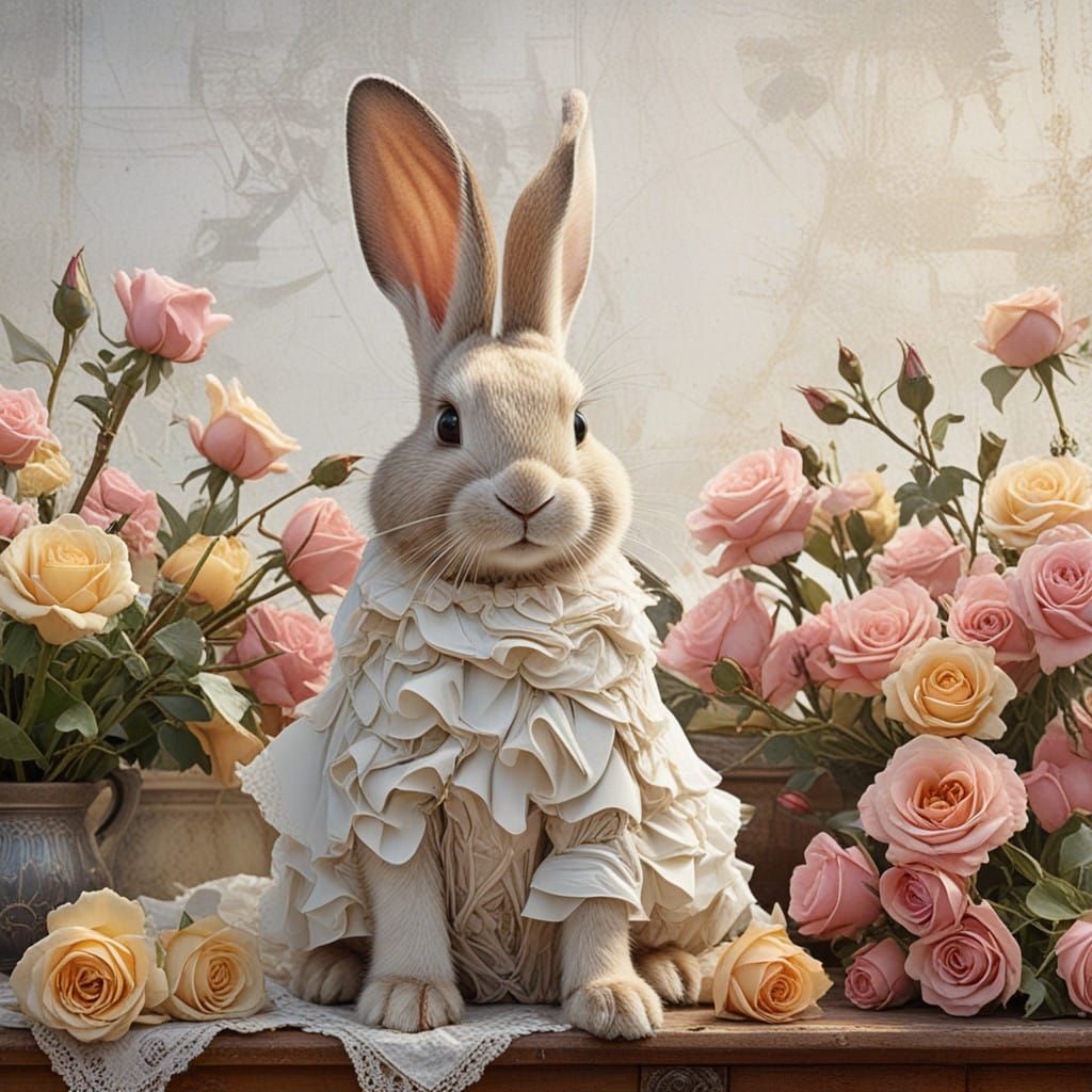 Whimsical Victorian Bunny Amidst Roses