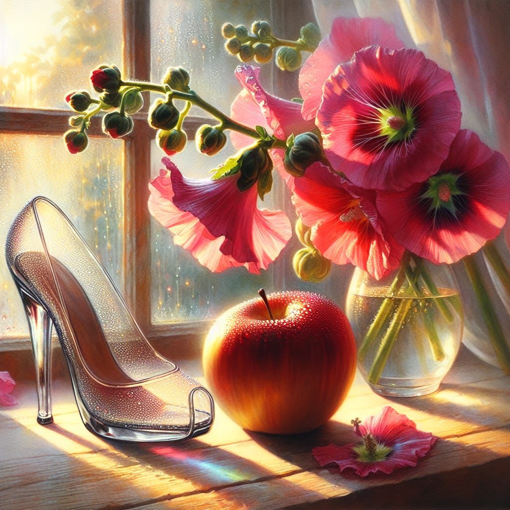 Glass High Heel and Ruby Apple on Windowsill