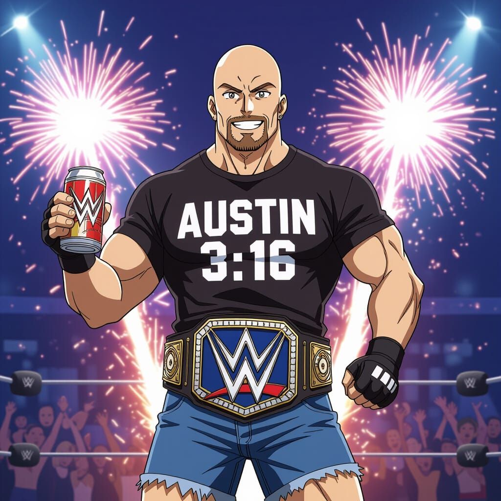 Bald Anime Wrestler with Austin 3:16 Shirt and Pyro