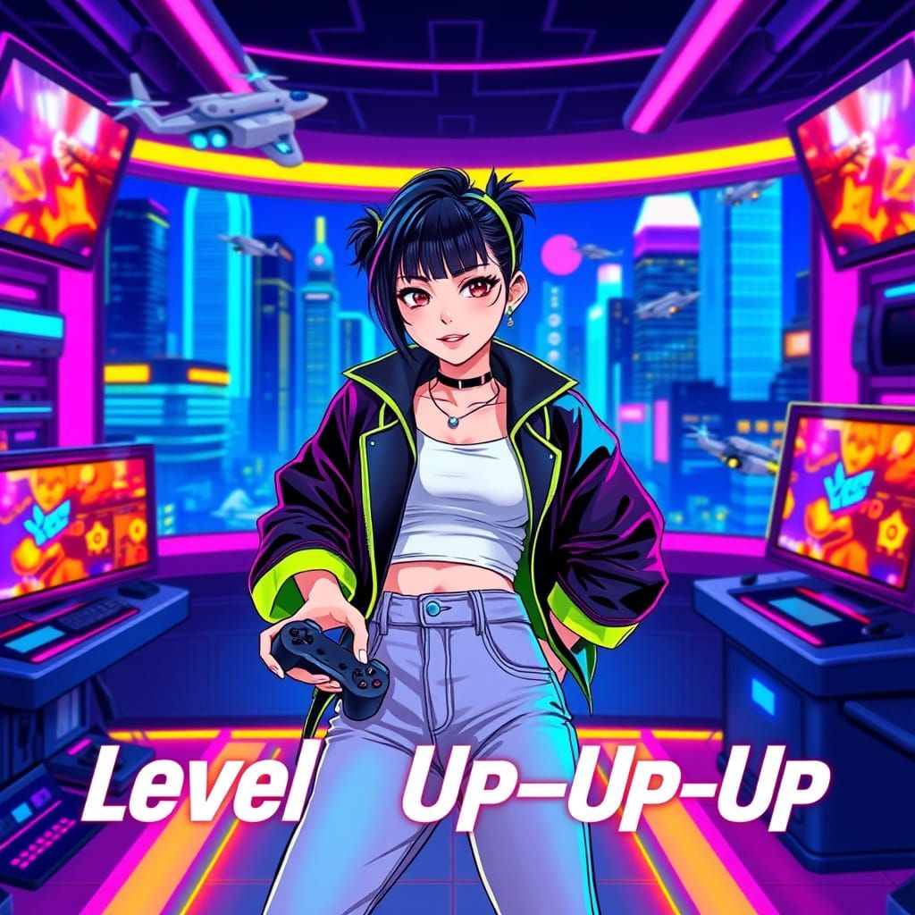 Futuristic K-Pop Gamer Girl Album Art in Vibrant Neon Colors