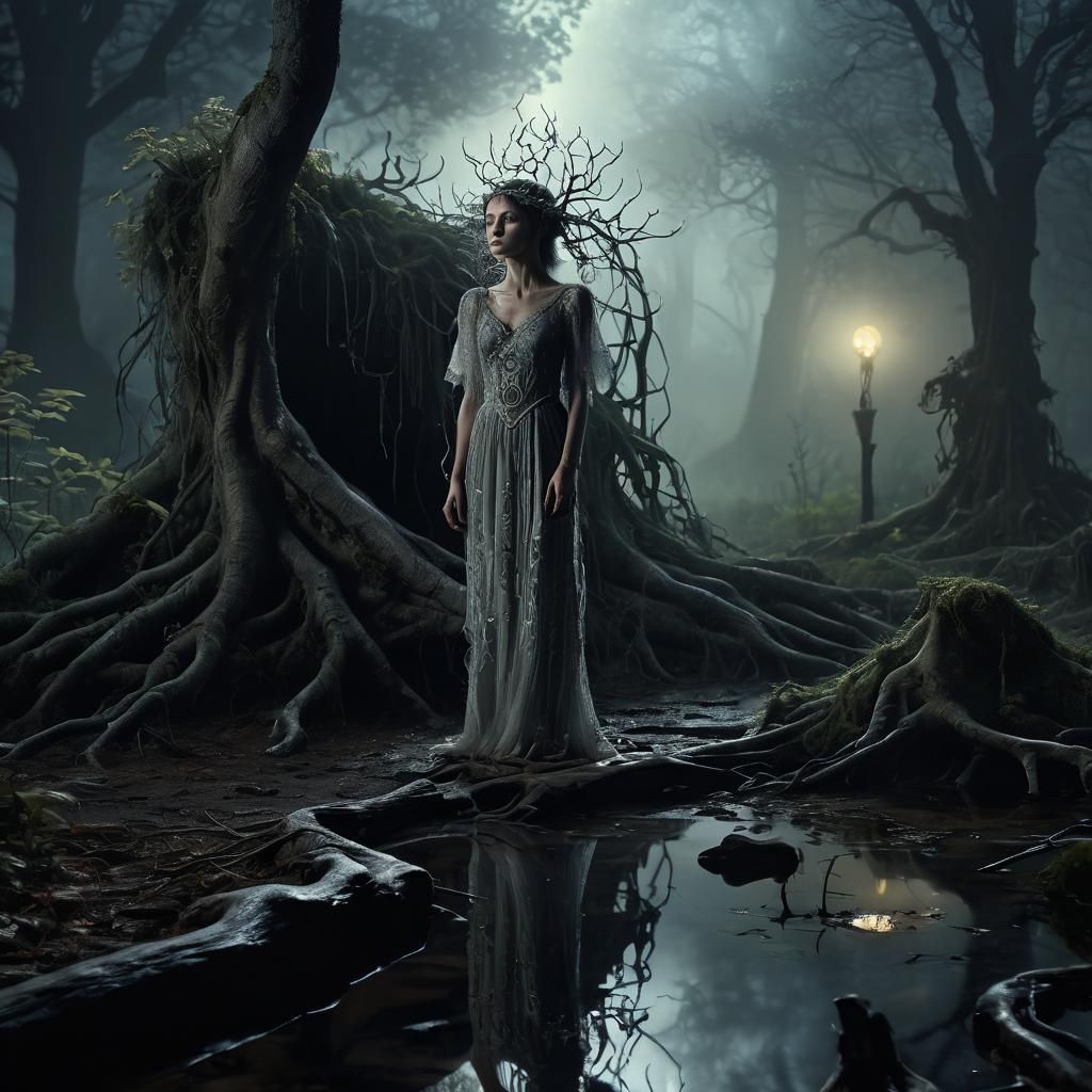 Ethereal Woman in Mystical Crescent Moonlit Forest