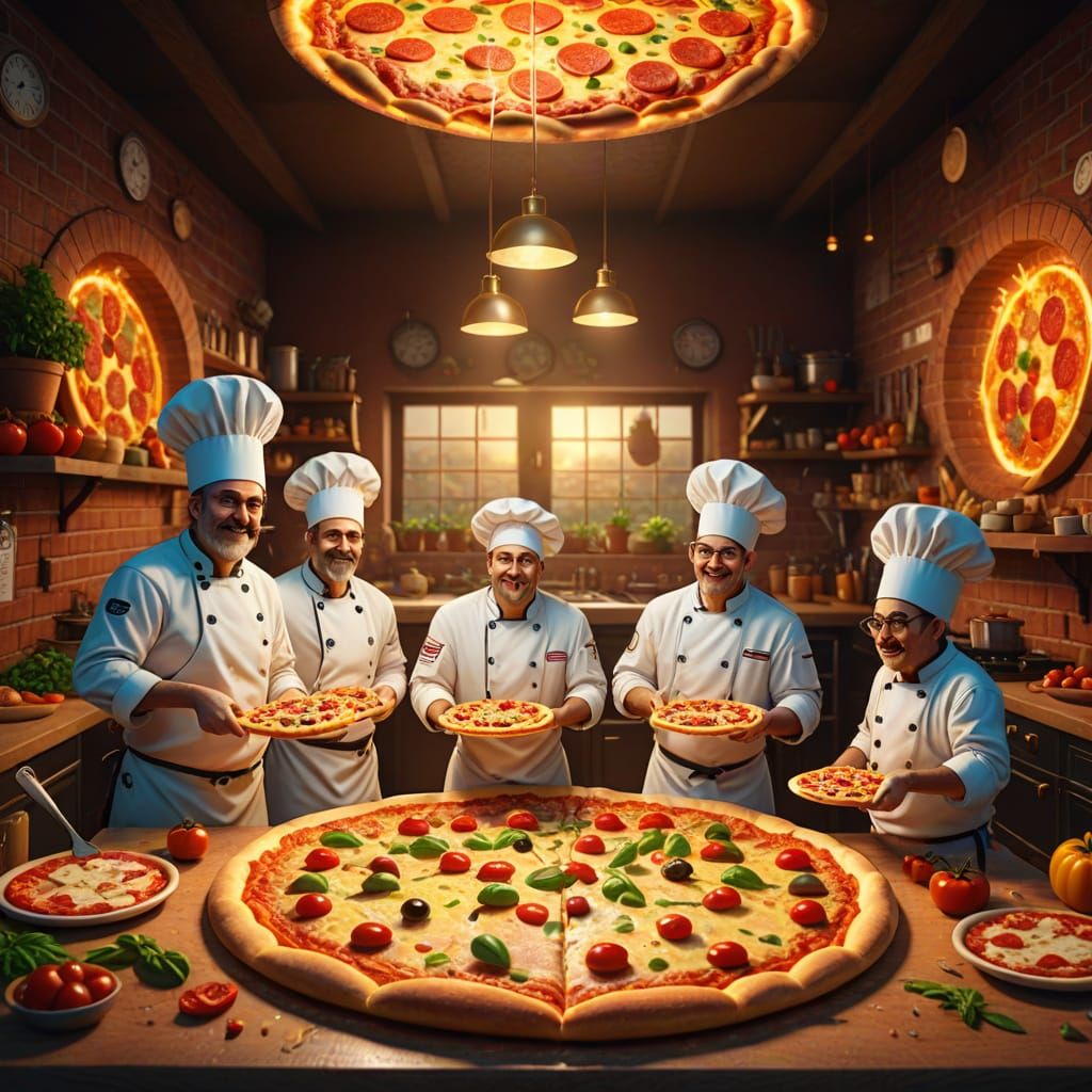 Anthropomorphic Pizza Slices Prepare Giant Pizza