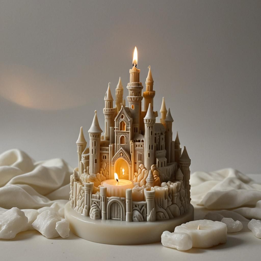 Detailed Wax Candle Carved with Castle Design