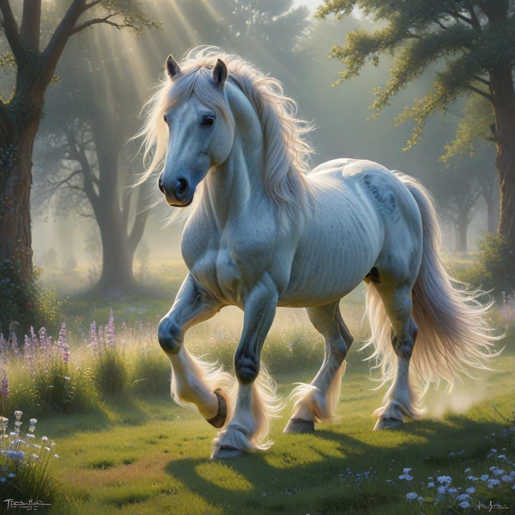 Elegant Draft Horse in Serene Pasture with Ethereal Mist