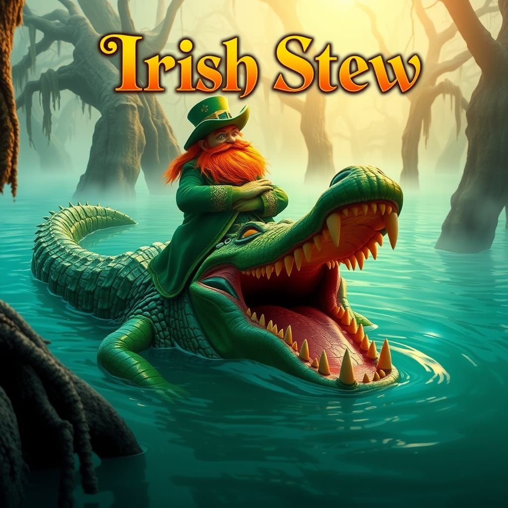 Leprechaun on Alligator in Bayou: Irish Stew Design