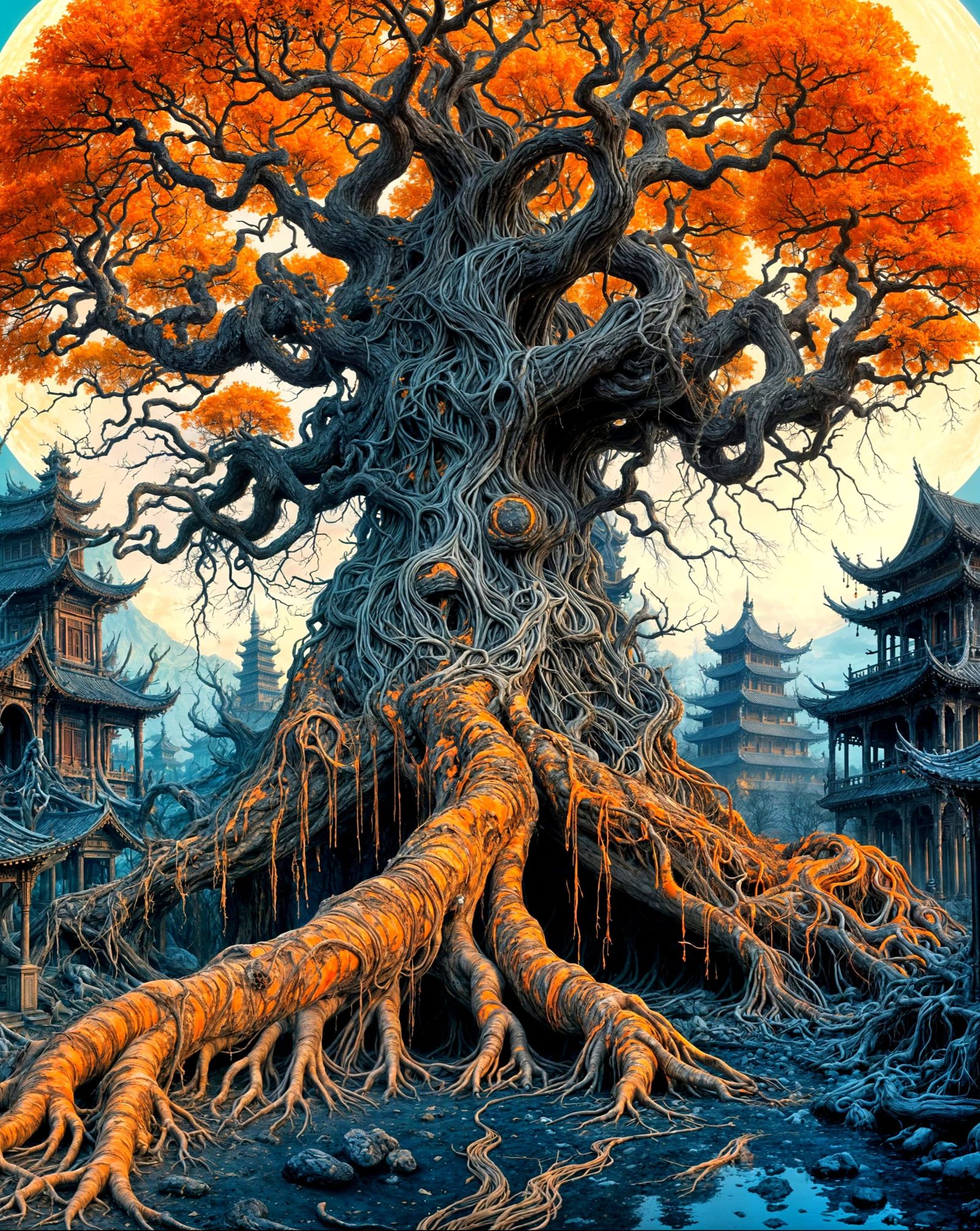 Chinese ink painting in (((orange))) and (((sky-blue))) with...