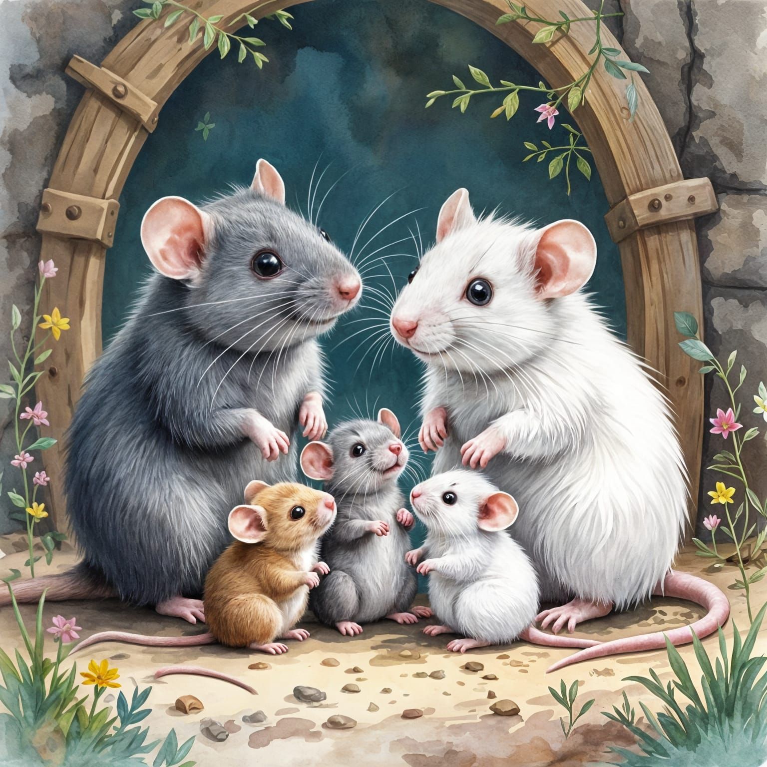 Whimsical Watercolor Painting of a Rat Family