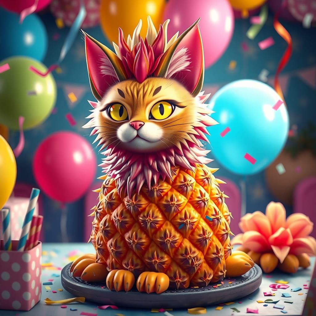Majestic Pineapple Cat Celebrates with Confetti and Balloons