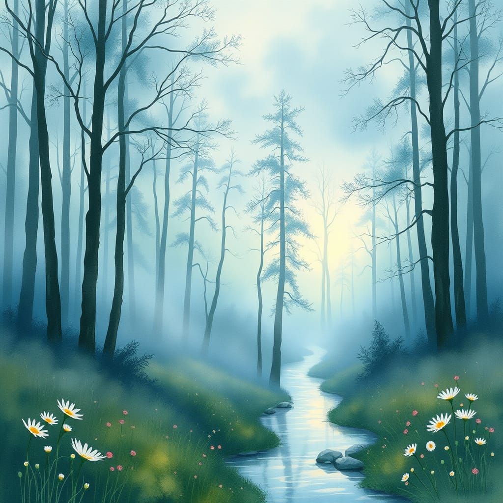 Misty Forest at Dawn in Watercolor Style