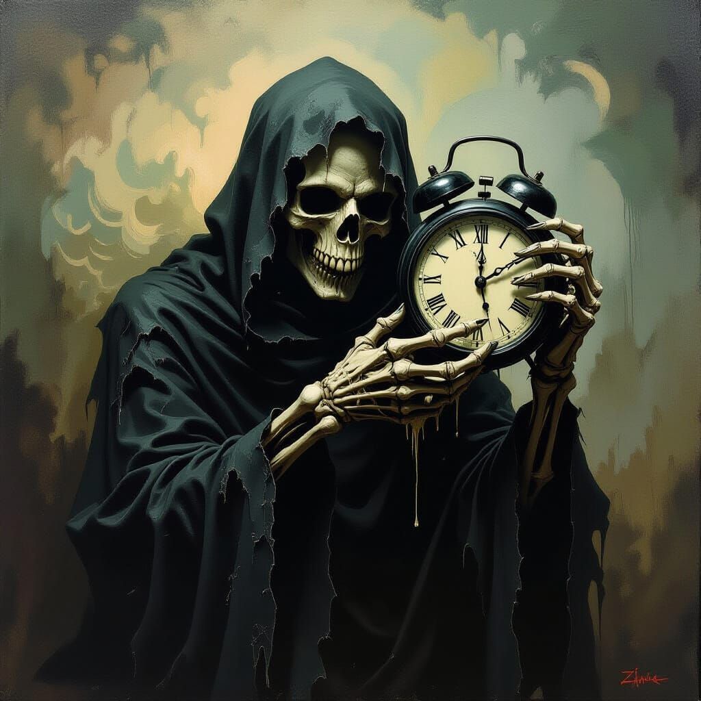 Grotesque Skeletal Hand with Melting Clock in Biomechanical ...