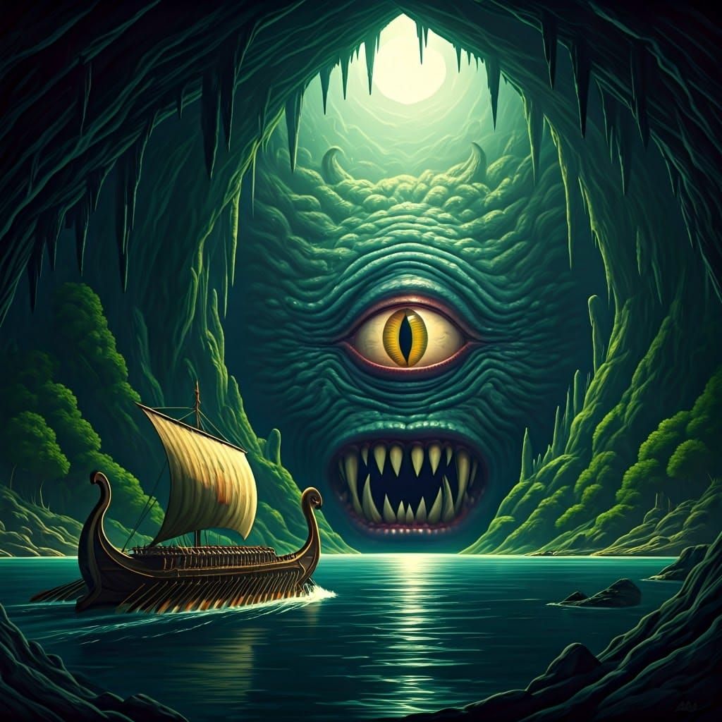 Greek Ship Encounters Cyclops Cave on Island