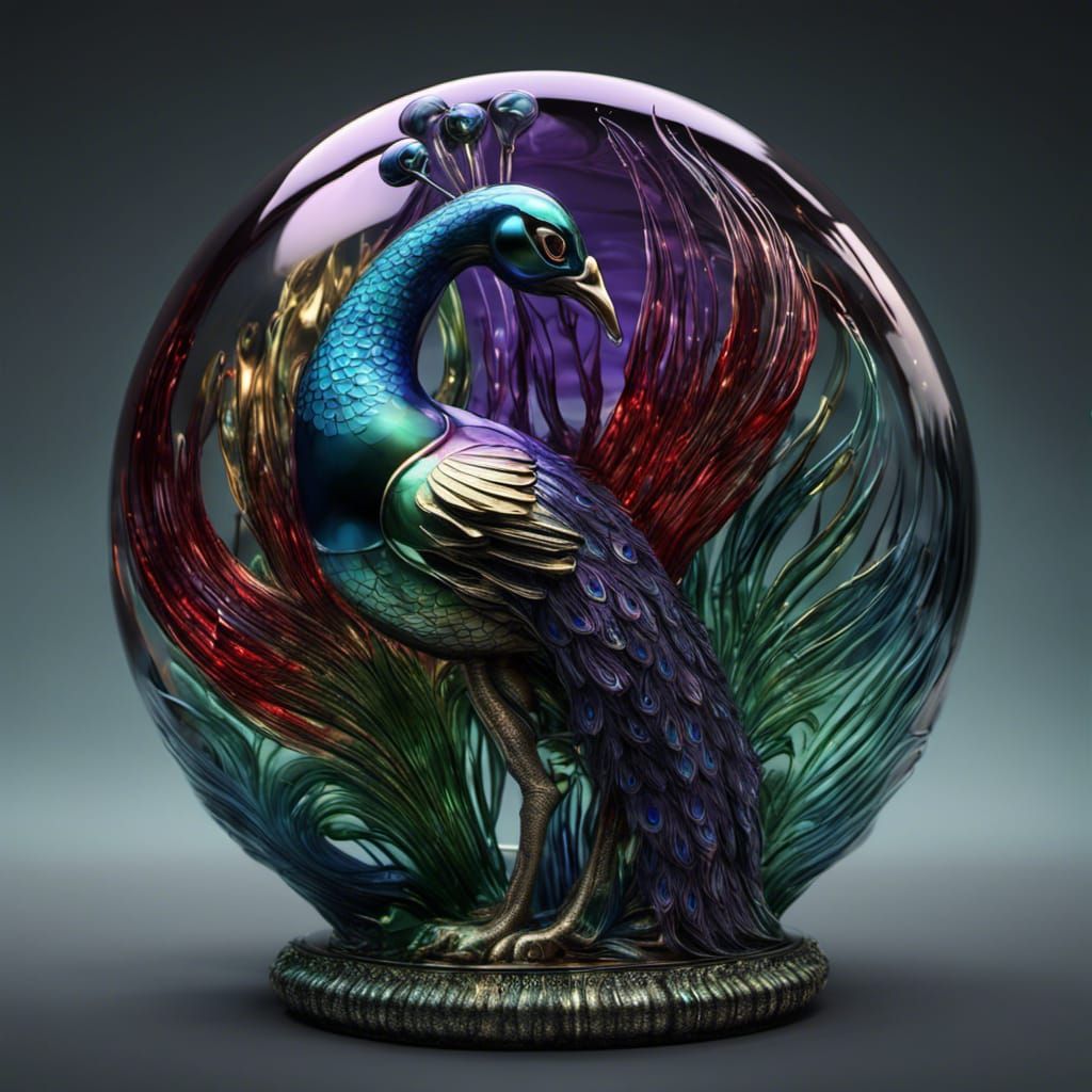 Magical globe with glass peacock figurine - peacock in the n...