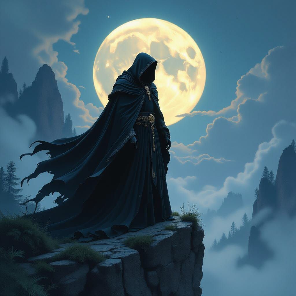 Mystical Sorcerer in Moonlit Fantasy Landscape