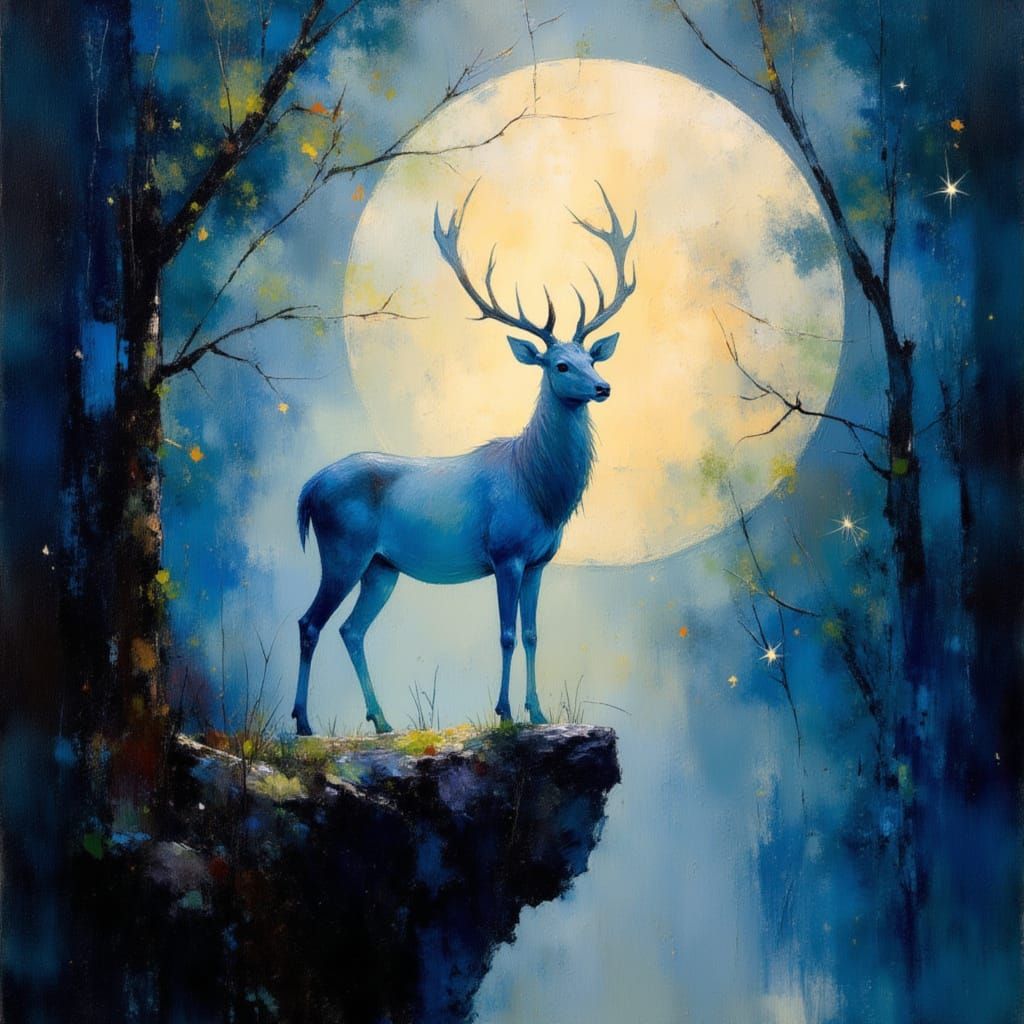 Mystical Deer on Cliff in Impressionistic Style