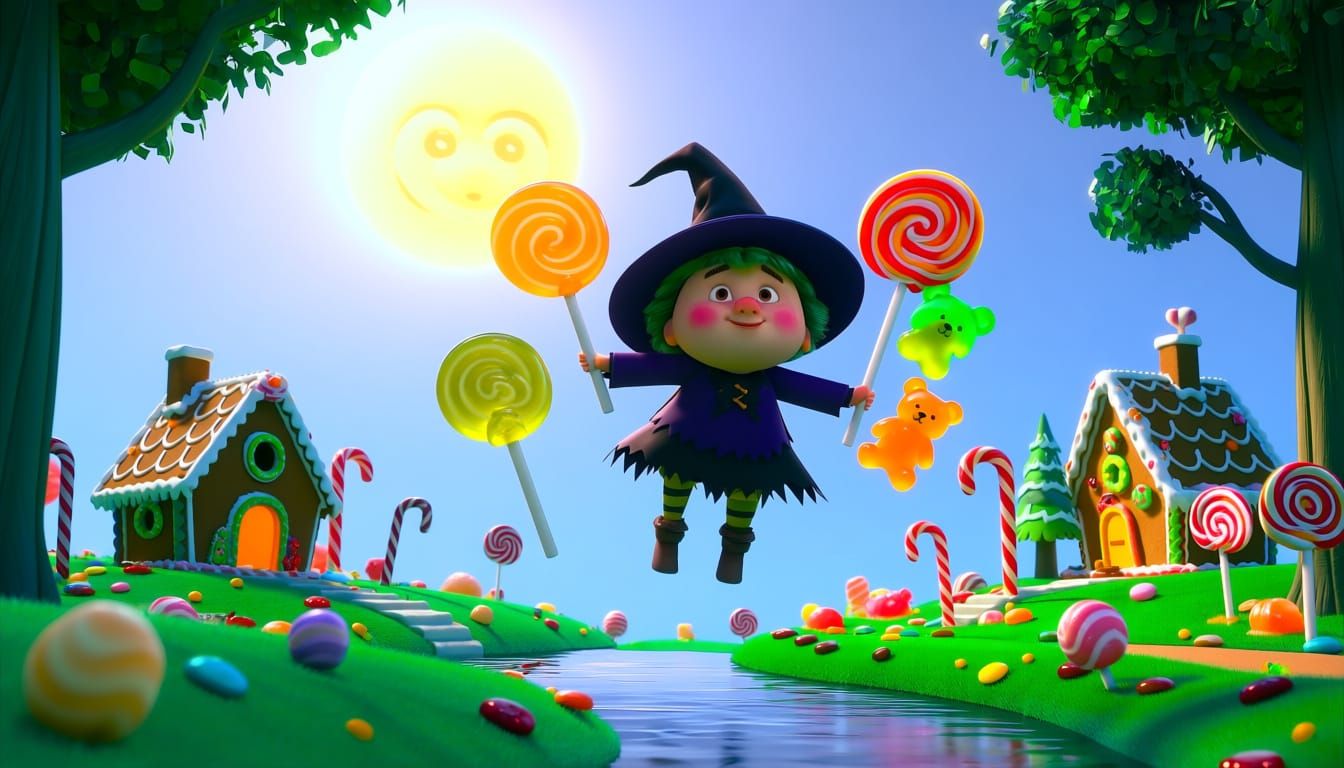 Joyful Witch Levitate Candy in Vibrant Pixar Style