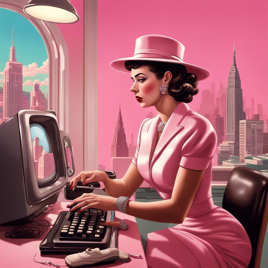 1950s American Woman at Work in Digital Art Style
