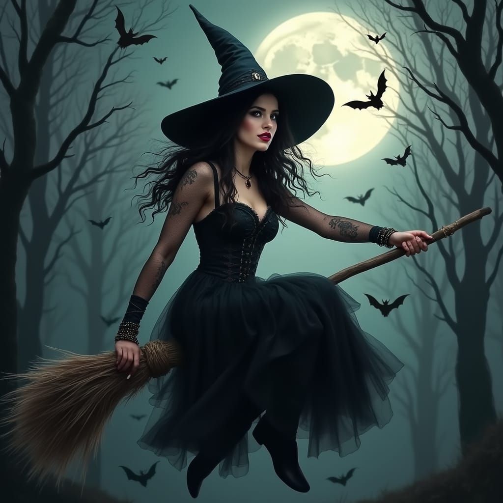 Wicked Witch Rides Broom Under Full Moon