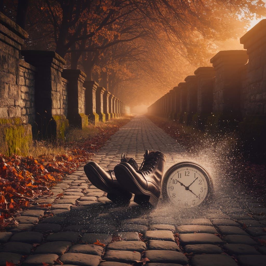 Boots Crushing Clock Hands, Time Particles on Deserted Path