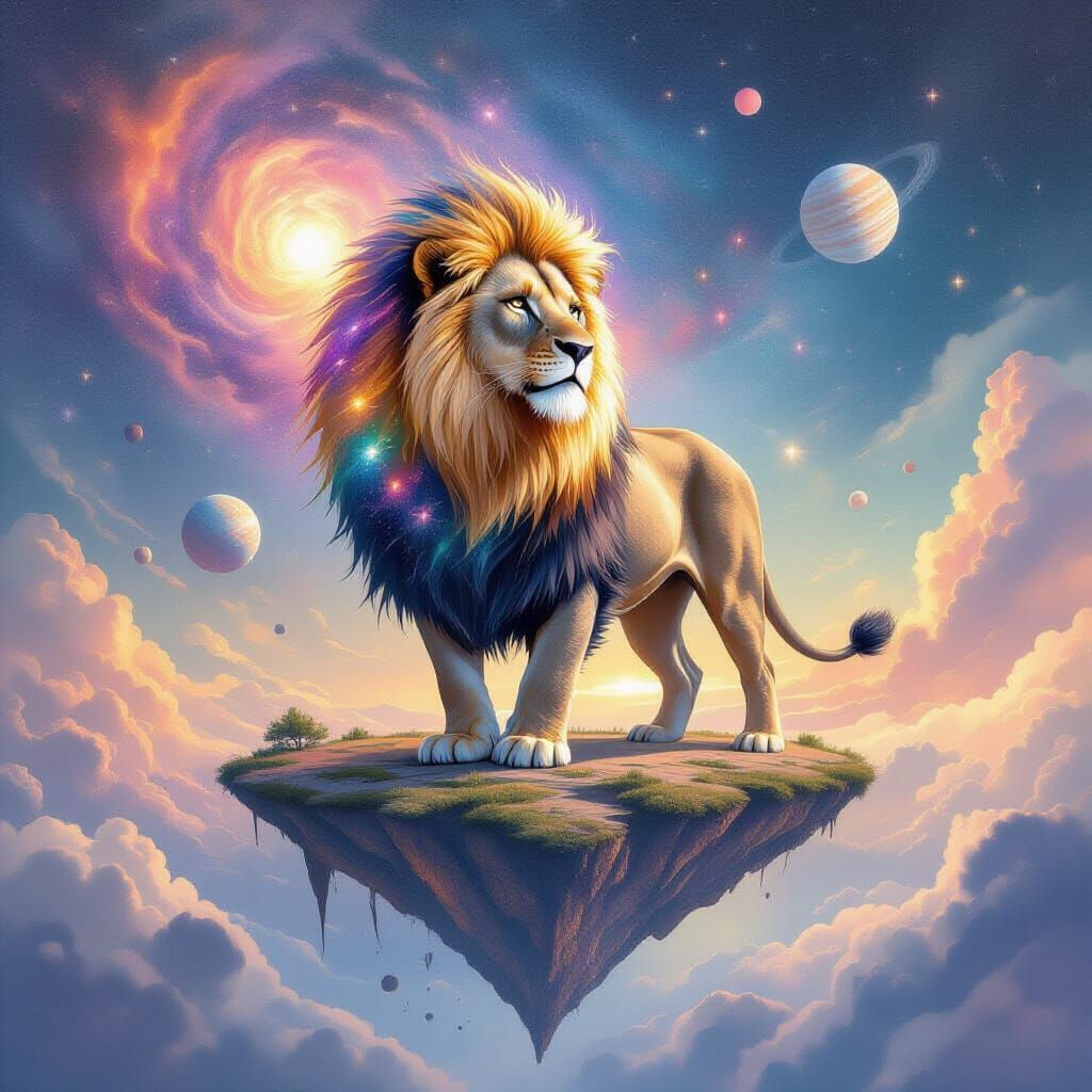 Cosmic Lion in Deep Space: Watercolor Art