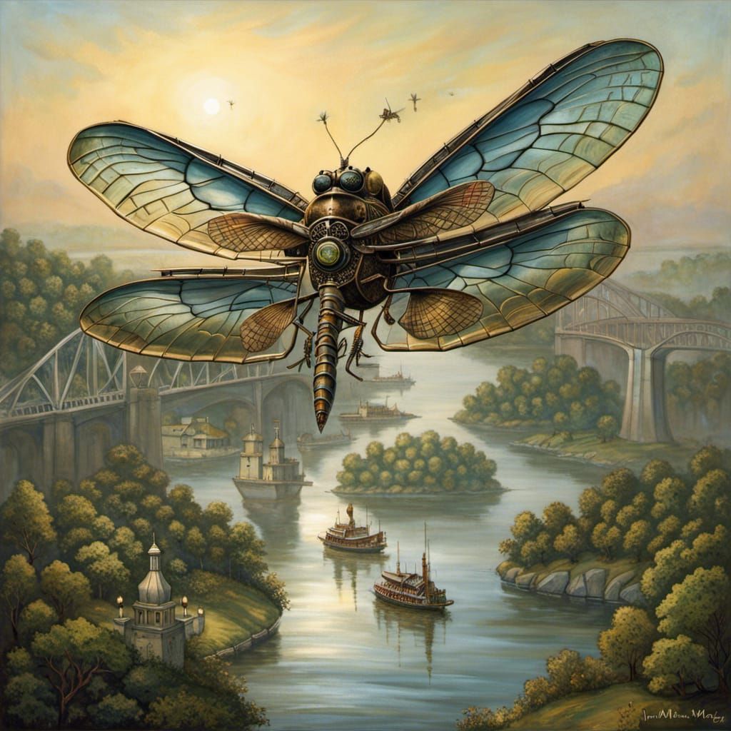 The steampunk aircraft Dragonfly, flying high over the Mississippi