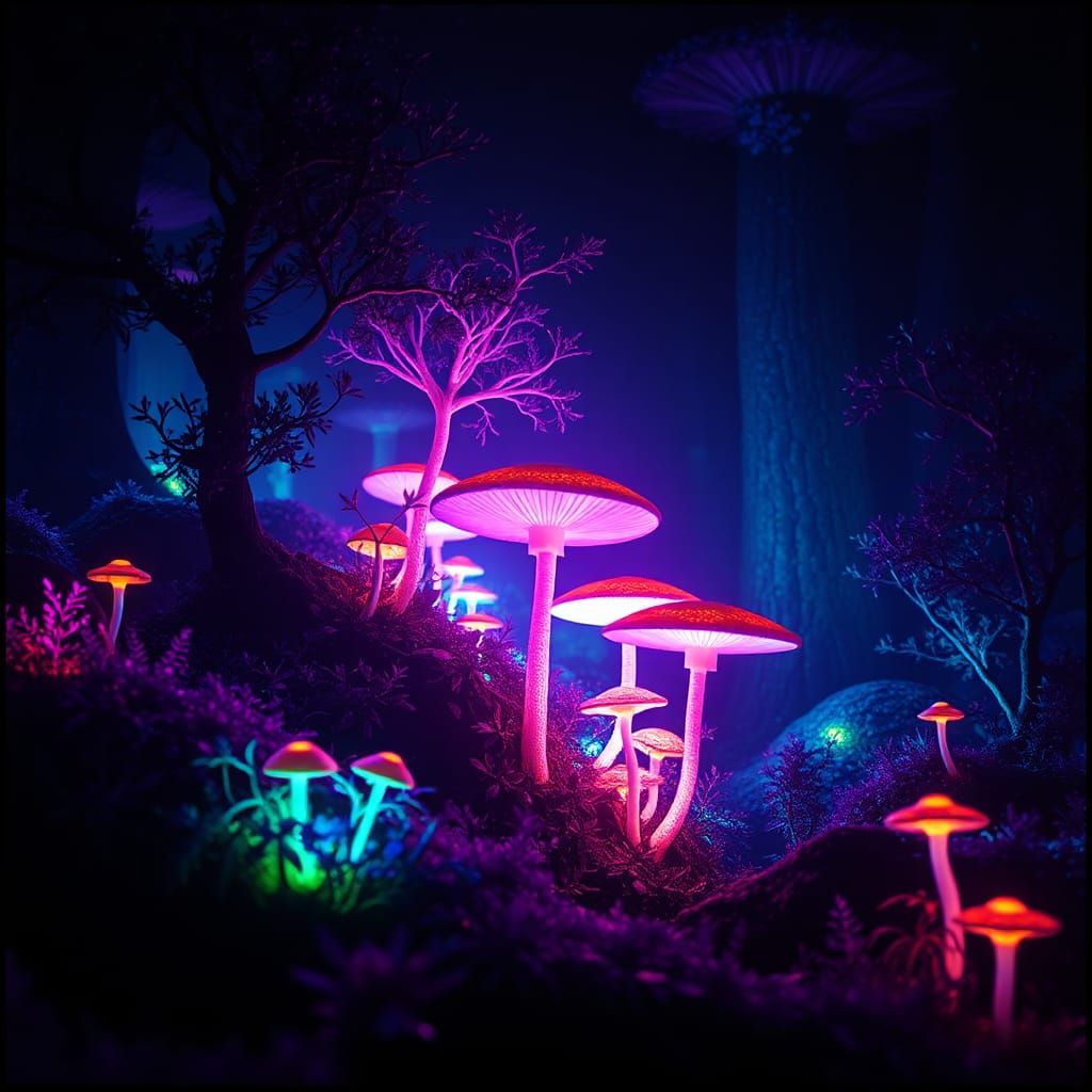 Ethereal Fluorescent Forest in the Style of Cyberpunk and Fu...