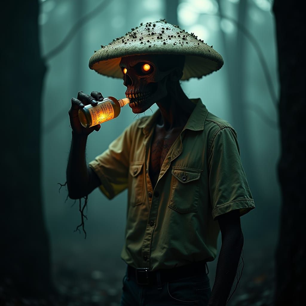 Cyberpunk Fungus Killer in Dark, Misty Environment