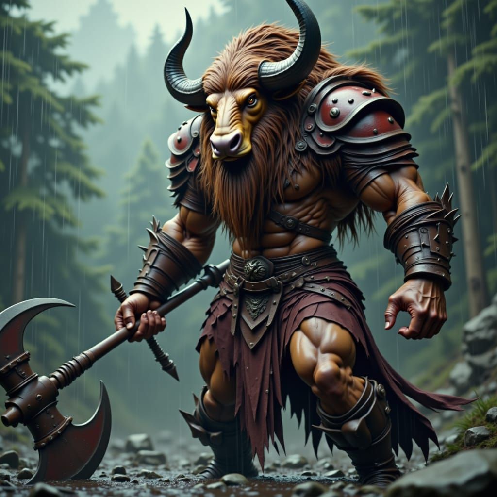 Minotaur Warrior in Epic Origami Style Downpour