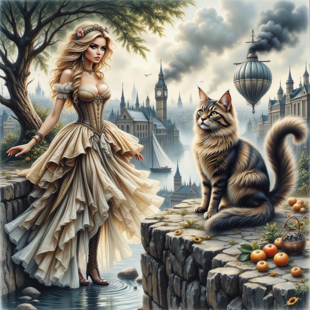 Steampunk Girl with Cat in Watercolor Pencil Sketch