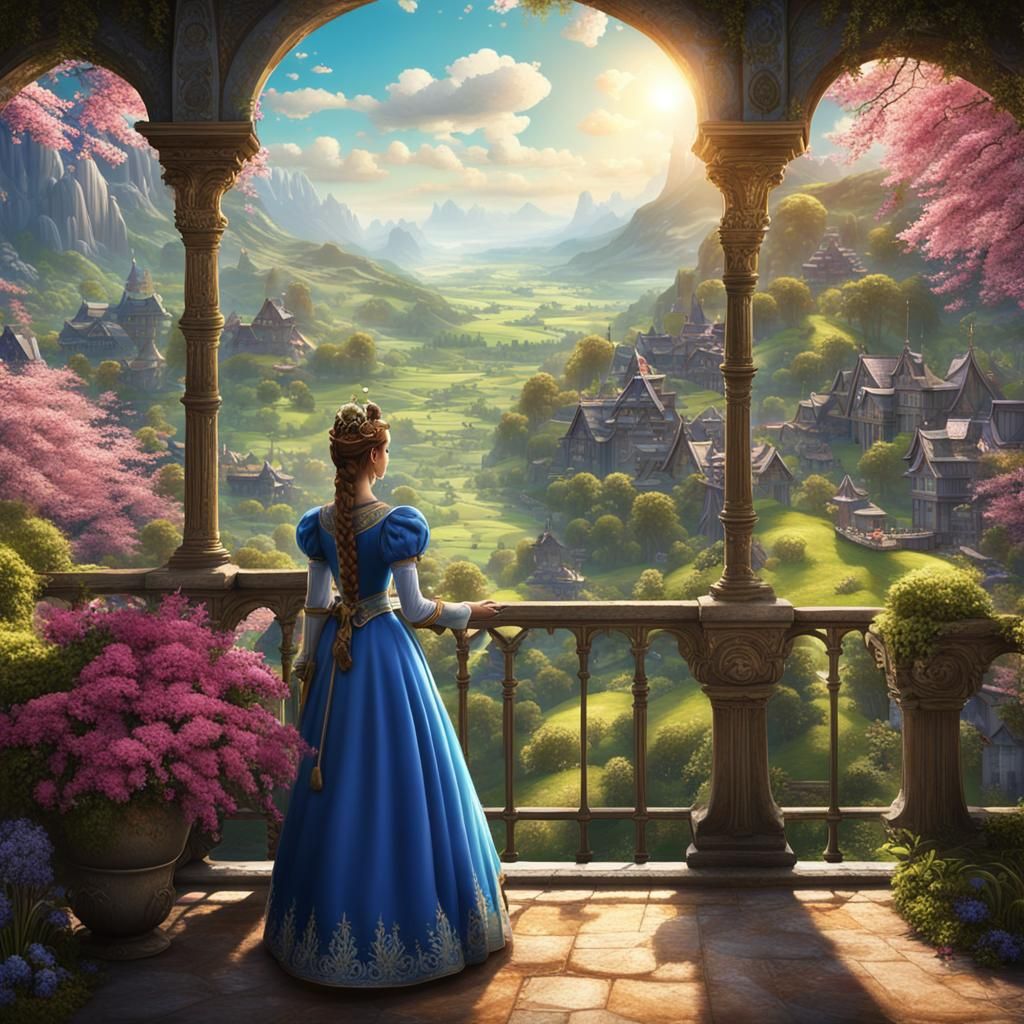 Princess Overlooks Spring Landscape: Fantasy Concept Art