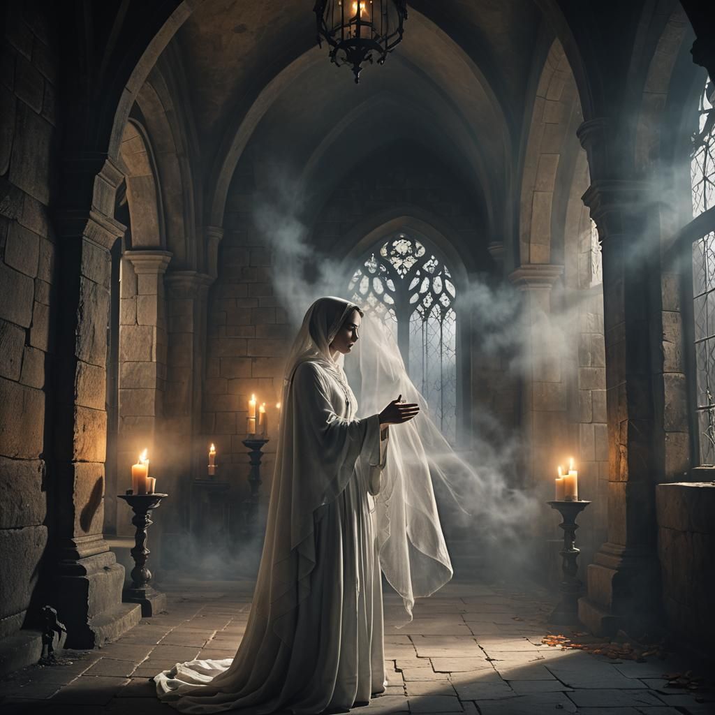 Woman with Candle in Gothic Room, Cinematic Digital Painting