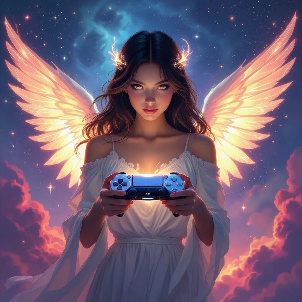 Ethereal Gaming Angel with PS5 Controller in Nebula