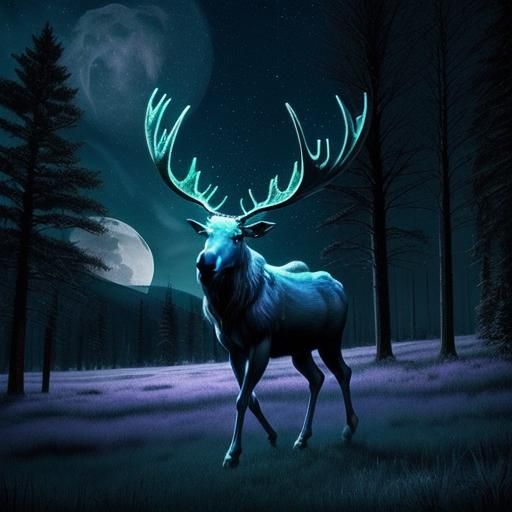 Metallic Magical Moose in Moonlit Meadow