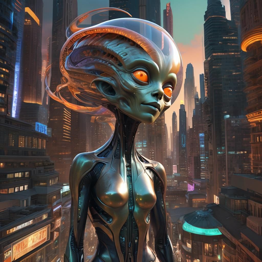 Alien with Wig in Futuristic Cityscape