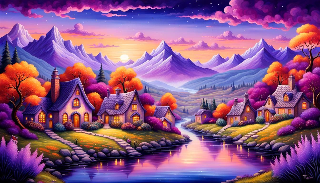 Dreamlike Village in Purple Hills: Romantic Landscape