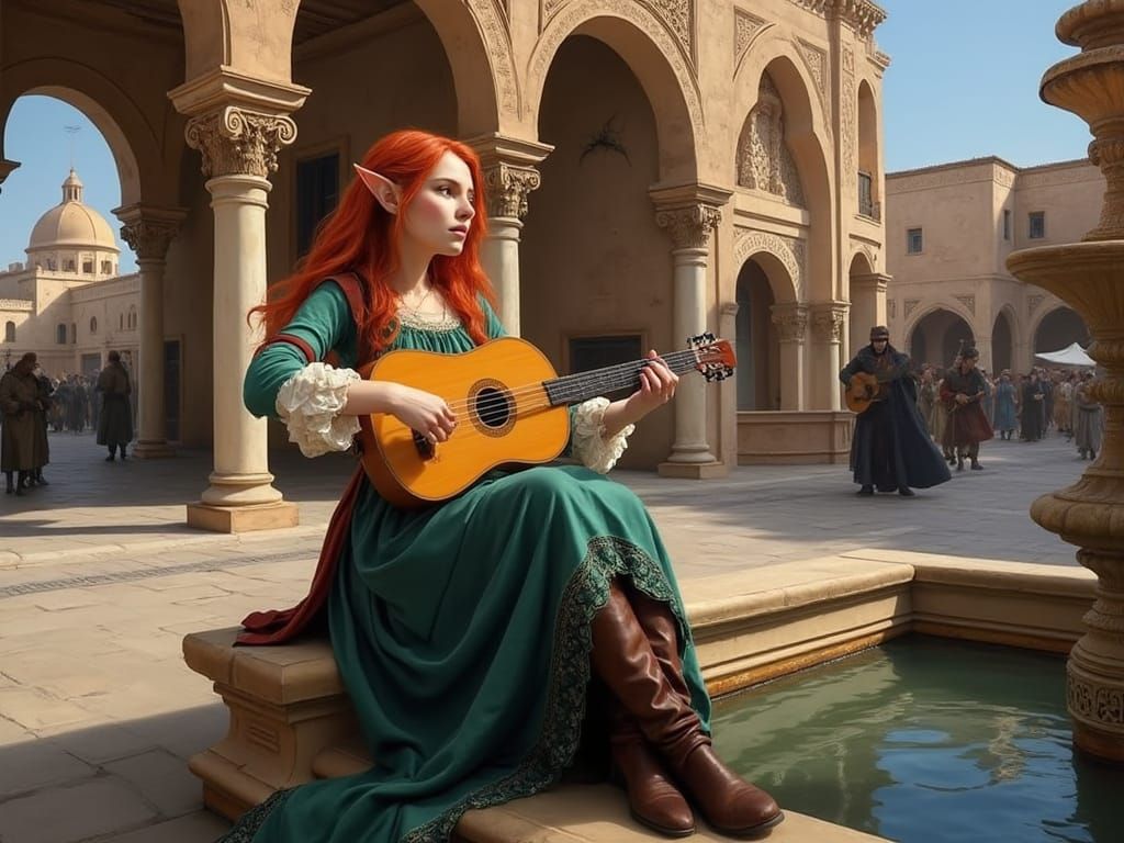 Elven Bard in Morocco, Baroque Oil Painting