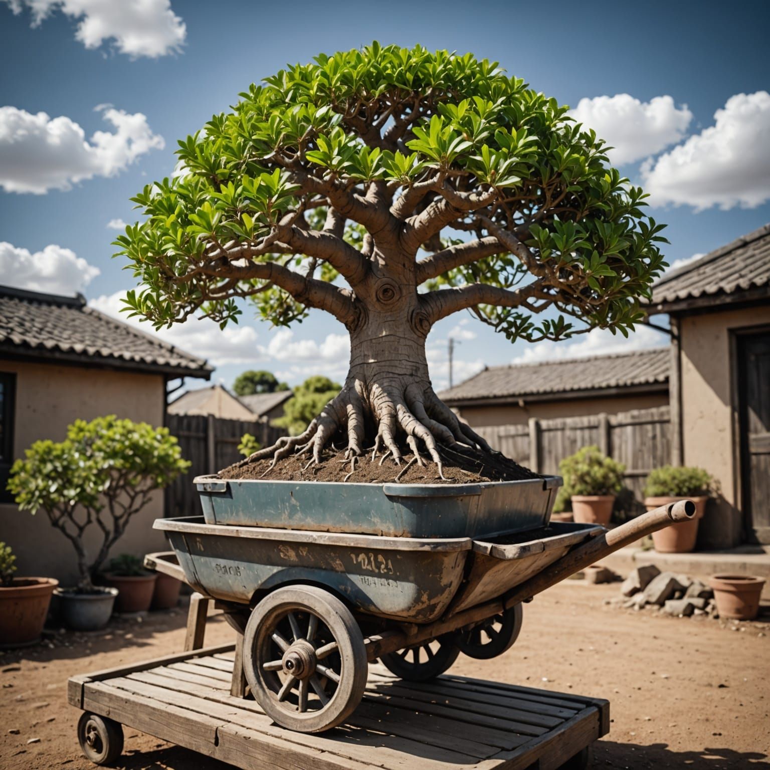 Hyperrealistic Bonsai Boab Tree in Wheelbarrow