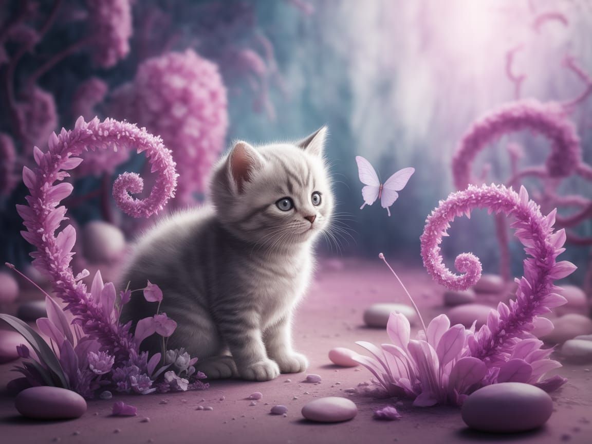 Whimsical Fantasy Scene with a Kitten and Butterfly