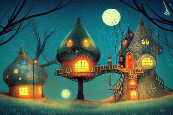 Cute Kawaii Treehouses in Ornate Nightscape Illustration