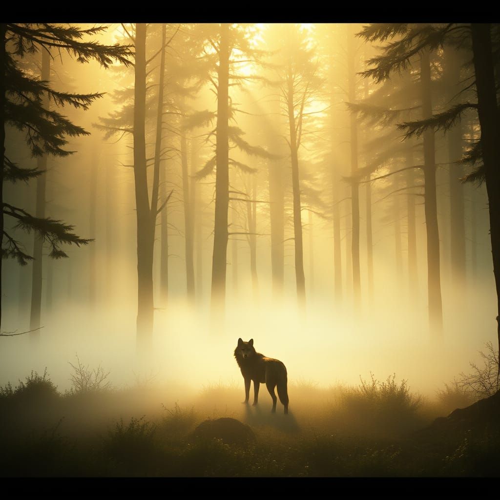 Wolf in Ethereal Forest, Golden Hour Mystique