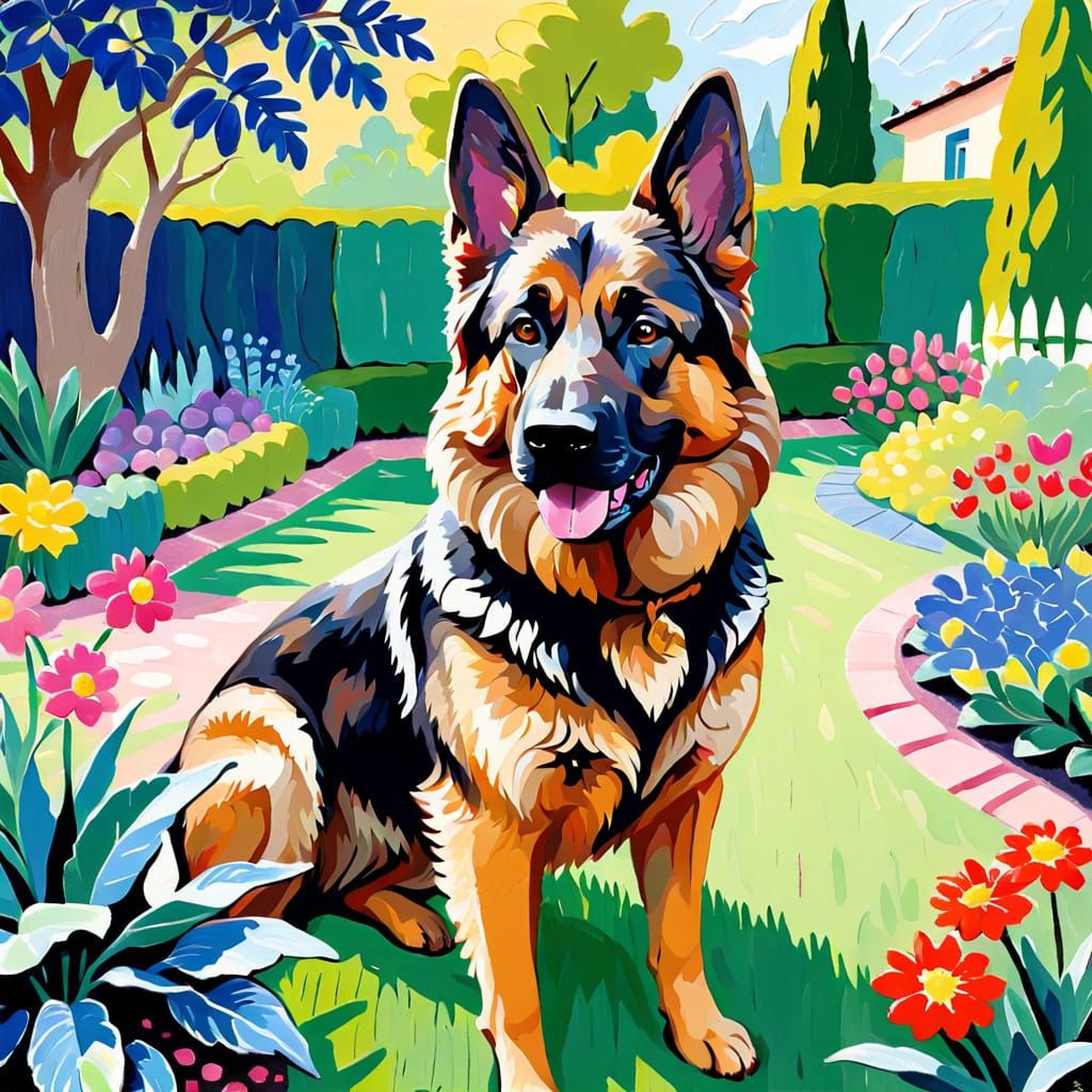 German Shepherd in Garden as Impasto Painting
