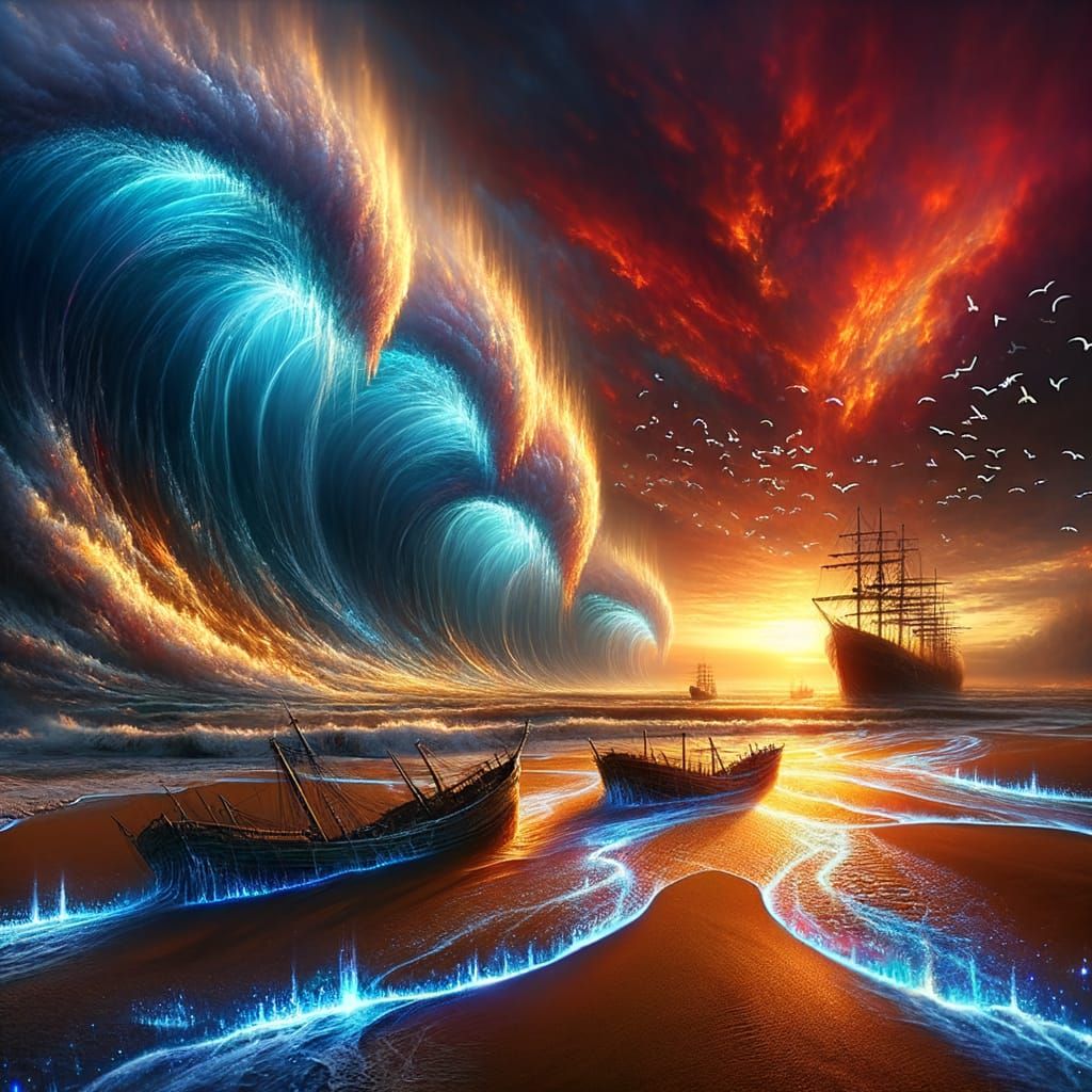 Surreal Golden Hour Seascape with Weeping Spirit Waves