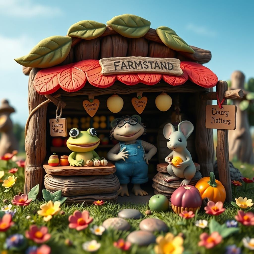 Whimsical Clay Farmstand with Fantasy Creatures